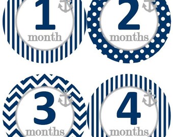 Baby Monthly Milestone Growth Stickers Nautical Navy Grey Anchor Nursery Theme MS608 Baby Shower Gift Baby Photo Prop