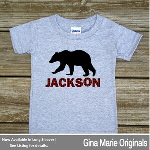 Personalized Christmas Red Black Buffalo Plaid Bear Rustic Woodland Outdoor Tshirt or Bodysuit - Plaid First Christmas shirt