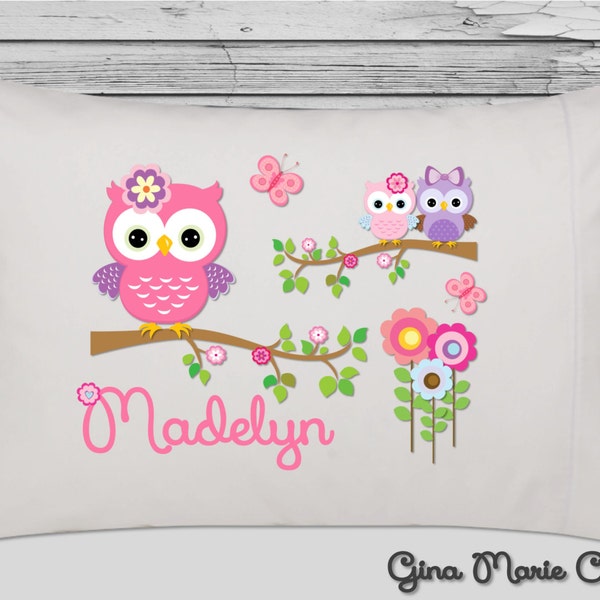 Personalized Pillow Case Pillowcase Girly Owls in Bright Pink Purple Lavender Greens Girl Toddler Kids Children Birthday Gift Bedding