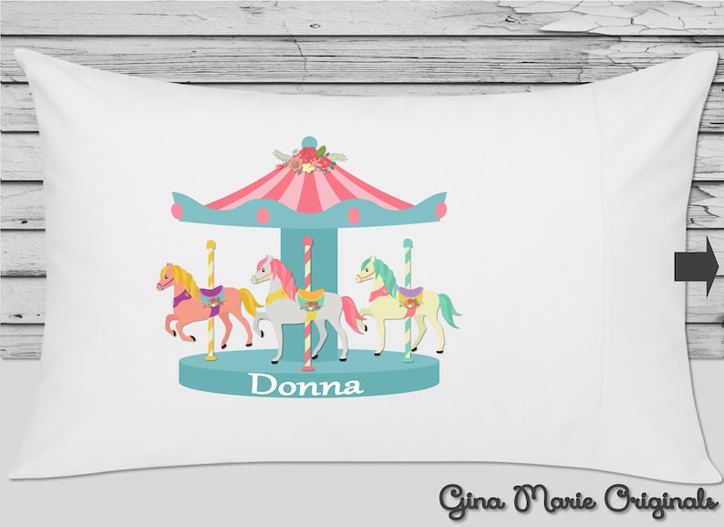 Personalized Pillow Case Pillowcase Carousel Horses Merry Go Round Ponies Flower Toddler Kids Children Baby Birthday Gift Bedding Home Living Sheets Pillowcases Vadel Com Personalized Pillow Case Pillowcase, Merry Go Round Baby Bedding