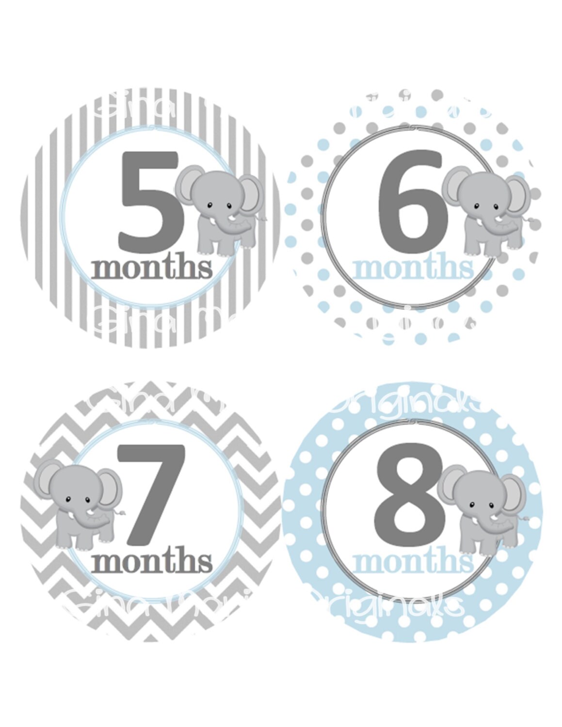 Baby Monthly Milestone Growth Stickers Baby Blue Grey White Elephant ...
