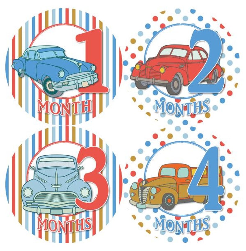 Baby Monthly Milestone Growth Stickers Antique Vintage Old Cars Trucks Theme MS843 Baby Boy Shower Gift Baby Boy Photo Prop