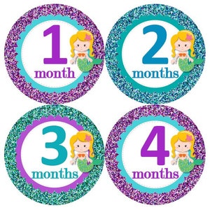 Baby maandelijkse mijlpaal groei Stickers Aqua Turquoise paarse Glitter zeemeerminnen kinderkamer thema M892 Baby douche cadeau Baby Foto Prop