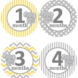 Baby maandelijkse mijlpaal groei Stickers grijze gele olifant kinderkamer thema MS212 Baby Boy Girl douche cadeau Baby Foto Prop