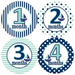 Baby maandelijkse Milestone groei stickers nautische Marine Mint zeilboten kwekerij thema MS639 baby shower gift baby foto prop