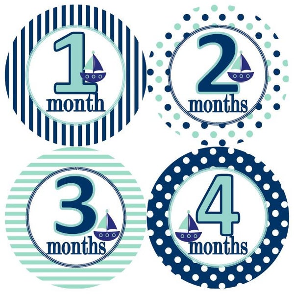 Baby Monthly Milestone Growth Stickers Nautical Navy Mint Sailboats Nursery Theme MS639 Baby Shower Gift Baby Photo Prop