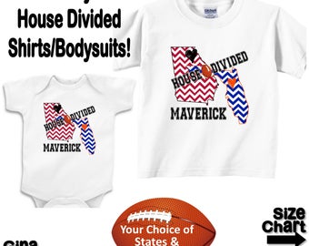 Personalized House Divided Football Florida Georgia Love Family Baby Kids Adults T-shirt Bodysuit - Your Choice of States & Colors