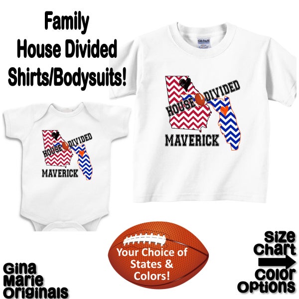 Personalized House Divided Football Florida Georgia Love Family Baby Kids Adults T-shirt Bodysuit - Your Choice of States & Colors