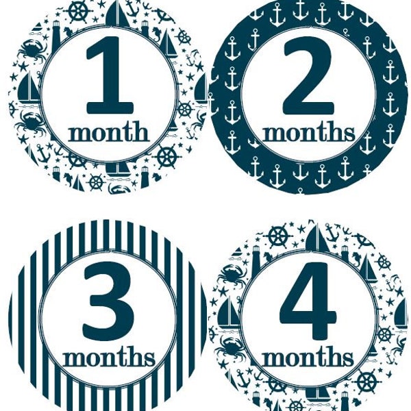 Baby Monthly Milestone Growth Stickers Nautical Navy White Anchor Sailboat MS605 Nursery Theme Baby Shower Gift Baby Photo Prop