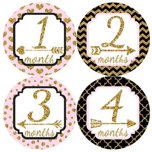 Baby maandelijkse mijlpaal groei Stickers Gold Glitter zwart roze harten punthaken pijlen kinderkamer thema MS024 Baby douche cadeau Baby Foto Prop