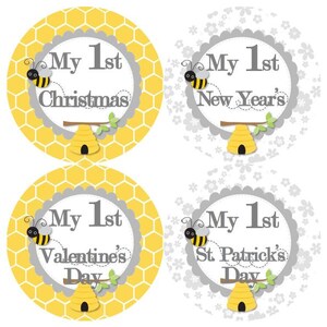 Baby 1e eerste VAKANTIE mijlpaal groei Stickers in geel grijs Bumble Bees hommels Bee Hive kinderkamer thema MS884 Baby douchegift