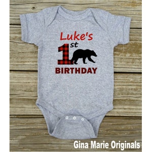 Personalized 1st First Birthday Red Black Buffalo Plaid Bear Rustic Woodland Outdoor Lumberjack Tshirt or Bodysuit