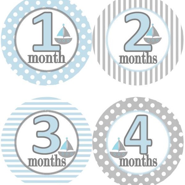 Baby Monthly Milestone Growth Stickers Nautical Grey Light Blue Sailboats Nursery Theme Baby Shower Gift Baby Photo Prop