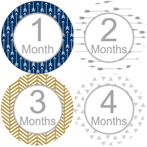 Baby maandelijkse mijlpaal groei Stickers in Tribal Marine Mint grijze mosterd/goud MS978 Baby Boy Girl douche Gift Tribal kinderkamer