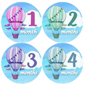 Baby maandelijkse mijlpaal groei Stickers hete lucht ballonnen roze blauw groen paars aquarellen kinderkamer thema MS887 Baby meisje douchegift