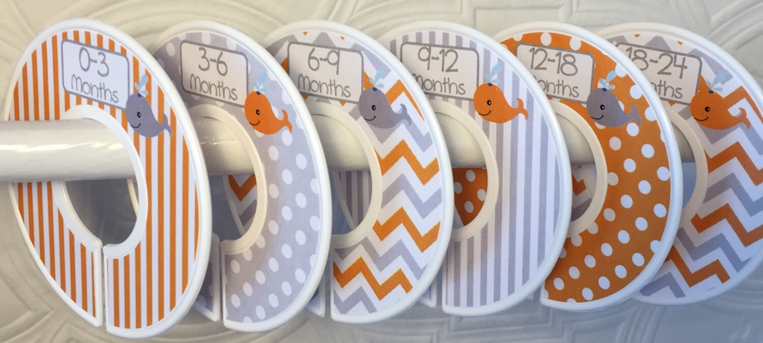 6  Baby Closet Dividers - Orange Grey Nautical Whales CD638 - Baby Boy Girl Shower Gift Nursery - Nautical Baby Closet Organizer
