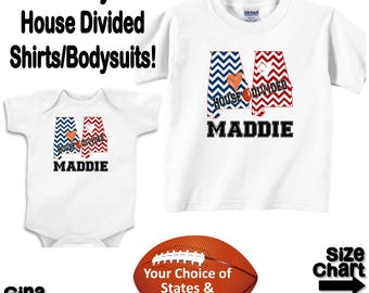 Personalized House Divided Football Alabama Love Family Baby Kids Adults T-shirt Bodysuit - Your Choice of States & Colors