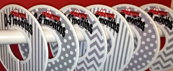 Baby Closet Dividers - Red Firetrucks with Grey Chevrons Dots Stripes Firefighter Fireman Nursery CD550 Baby Shower Gift