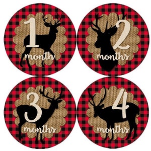Baby maandelijkse mijlpaal groei Stickers rode zwarte Buffalo geruite jute herten rustieke Lumberjack bos MS845 douche cadeau Baby Foto Prop
