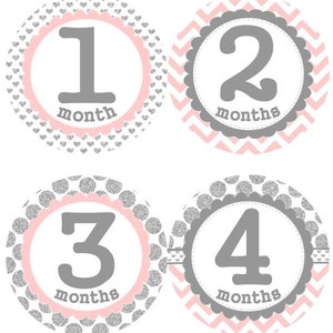 Baby maandelijkse mijlpaal groei Stickers zilver licht roze stippen punthaken harten kinderkamer thema MS007 Baby douche cadeau Baby Foto Prop