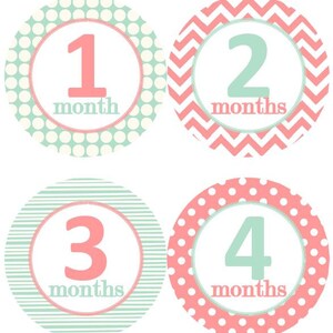 Baby maandelijkse mijlpaal groei Stickers Mint koraal roze kinderkamer thema MS106 Baby douche cadeau Baby Foto Prop