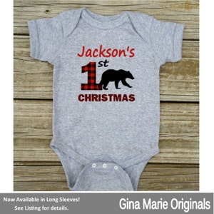 Personalized 1st First Christmas Red Black Buffalo Plaid Bear Rustic Woodland Outdoor Tshirt or Bodysuit