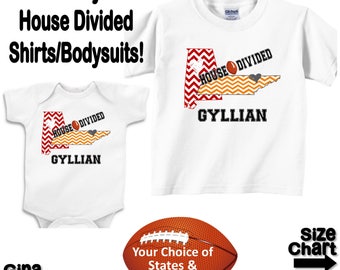 Personalized House Divided Football Alabama Tennessee Love Family Baby Kids Adults T-shirt Bodysuit - Your Choice of States & Colors