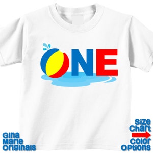 1st First ONE Boy Girl Beach Ball Summer Splash Pool Birthday Party Shirt T-shirt Bodysuit - Shirt in White, Grey, Blue, Pink