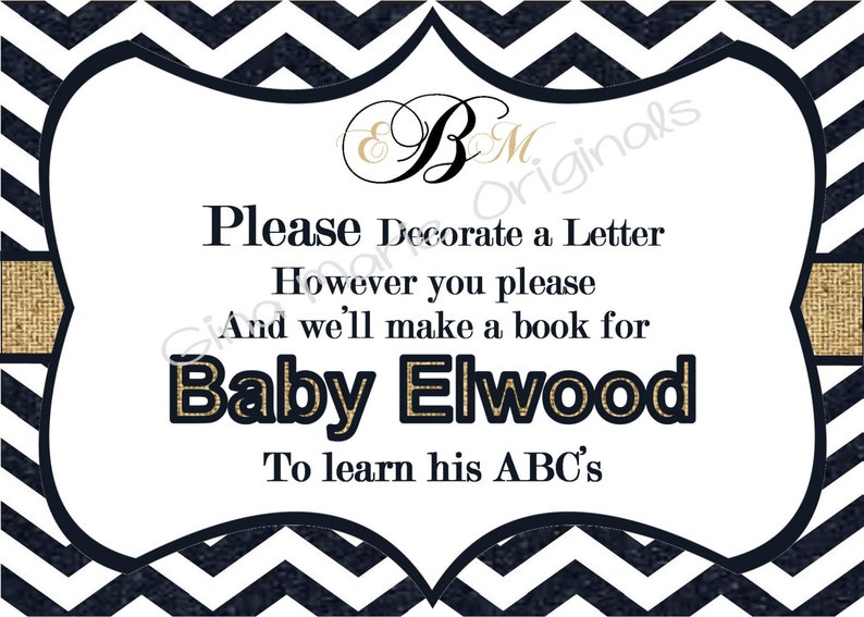 Unique Activity for Baby Shower Personlized Printable Dark Navy Denim and Burlap Baby Shower ABC/'s Activity Book Perfect Baby Keepsake