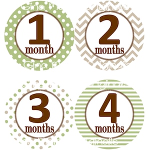 Baby maandelijkse mijlpaal groei Stickers Mossy groene kaki bruine stippen strepen punthaken MS148Nursery thema Baby douche cadeau Baby Foto Prop