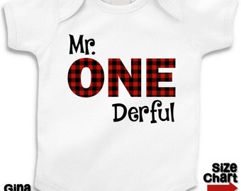 1st First Mr. One derful Onederful 1 Birthday Dark Red Black Buffalo Plaid Rustic Woodland Outdoor Lumberjack T-shirt Shirt Bodysuit