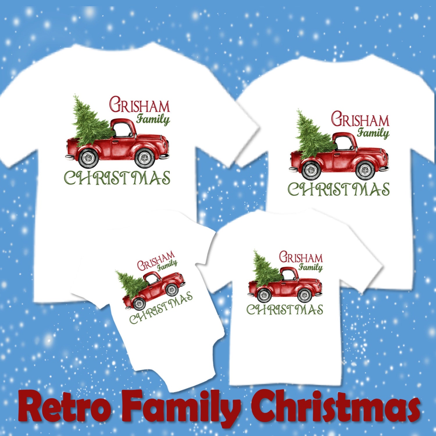 Personalized Christmas Family Matching Retro Truck  Tree T-shirts Shirt Baby Bodysuit Mom Dad Baby Kids Boy Girl Child Sibling Reunion