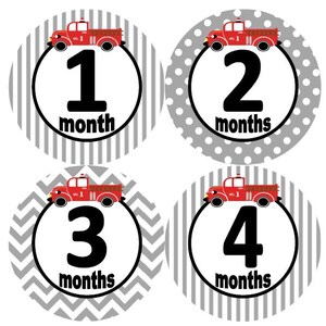 Baby maandelijkse mijlpaal groei Stickers jongen grijs rode brandweerwagen brandweerman thema MS572 Baby Boy douche cadeau Baby Boy foto Prop