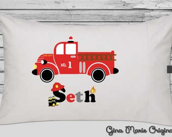 Personalized Pillow Case Pillowcase Firetruck Fire Engine Fireman Firefighter Toddler Kids Children Baby Birthday Christmas Gift Bedding