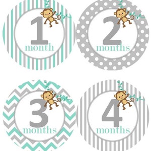 Baby maandelijkse mijlpaal groei Stickers Aqua grijs Monkey Jungle kinderkamer thema MS517 Baby douche cadeau Baby Foto Prop