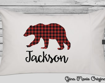 Personalized Pillow Case Pillowcase Buffalo Plaid Bear Red Black Lumberjack Boy Girl Toddler Kids Children Birthday Gift Bedding