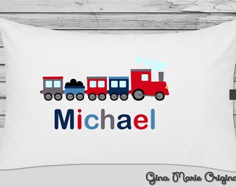 Personalized Pillow Case Pillowcase Train Choo Choo Navy Red Grey Boy Toddler Kids Children Birthday Gift Christmas Gift Bedding