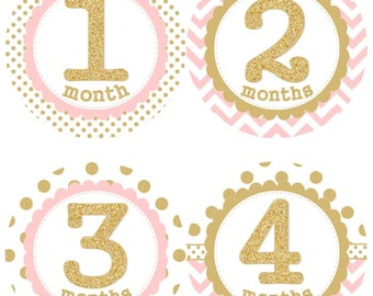 Baby Monthly Milestone Growth Stickers Gold Glitter Light Pink Dots Chevrons Nursery Theme MS001 Baby Shower Gift Baby Photo Prop