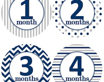 Baby Monthly Milestone Growth Stickers Navy Grey White Dots Stripes Chevrons MS100 Nursery Theme Baby Boy Girl Shower Gift Baby Photo Prop
