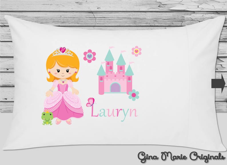 Personalized Pillow Case Pillowcase Princess Castle Frog Pink Girl Blonde Kids Birthday Christmas Gift Bedding Choice of Hair Ethnicity