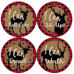 Baby 1e eerste MIJLPALEN groei Stickers rode zwarte Buffalo geruite jute herten rustieke Lumberjack bos MS844 douchegift Baby Foto Props