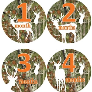 Baby maandelijkse mijlpaal groei Stickers oranje Camo witte herten silhouetten MS501 Baby Boy douche Gift kwekerij Baby jacht Hunter bomen