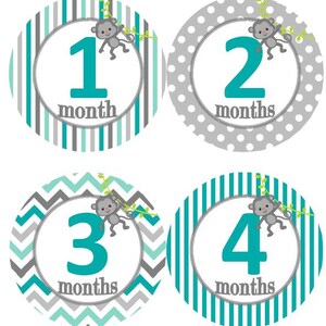 Baby maandelijkse mijlpaal groei Stickers Teal Aqua Greys Monkey Jungle kinderkamer thema MS868 Baby douche cadeau Baby Foto Prop