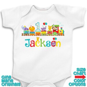 Personalized Zoo Train Birthday Party T-shirt Bodysuit Boy Girl Jungle Train Shirt Lion Elephant Hippo Giraffe Monkey Balloons