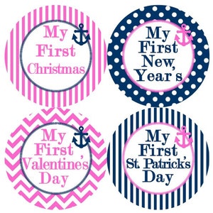 1e vakantie Baby maandelijkse mijlpaal groei Stickers nautische Marine helder roze anker MS603 kwekerij thema Baby douche cadeau Baby Foto Prop