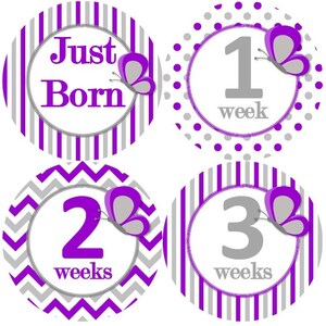 Baby Maandelijkse Mijlpaal Groei Stickers Vlinders Paars Grijs Kwekerij Thema Kraamcadeau Baby Foto Prop