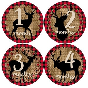Baby maandelijkse mijlpaal groei Stickers rode zwarte Buffalo geruite jute herten rustieke Lumberjack bos MS844 douche cadeau Baby Foto Props
