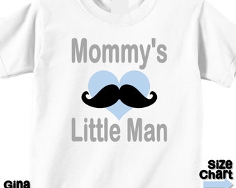 Baby Little Boy Mommy's Little Man Mustache Stache Heart Mother's Day T-shirt Shirt Bodysuit Boy 1st First Mother's Day Blue Grey