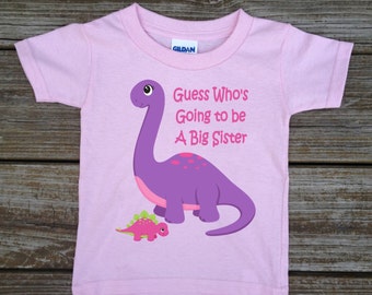 Big Sister Girly Dinosaur T-shirt or Baby Bodysuit Dinosaur Pregnancy Announcement Big Sister Dinosaur Shirt - White, Pink, Grey,