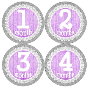 Baby maandelijkse mijlpaal groei Stickers grijs jute Lace paarse drijfhout Shabby elegantie MS931 Girl kinderkamer thema douche Gift foto Prop